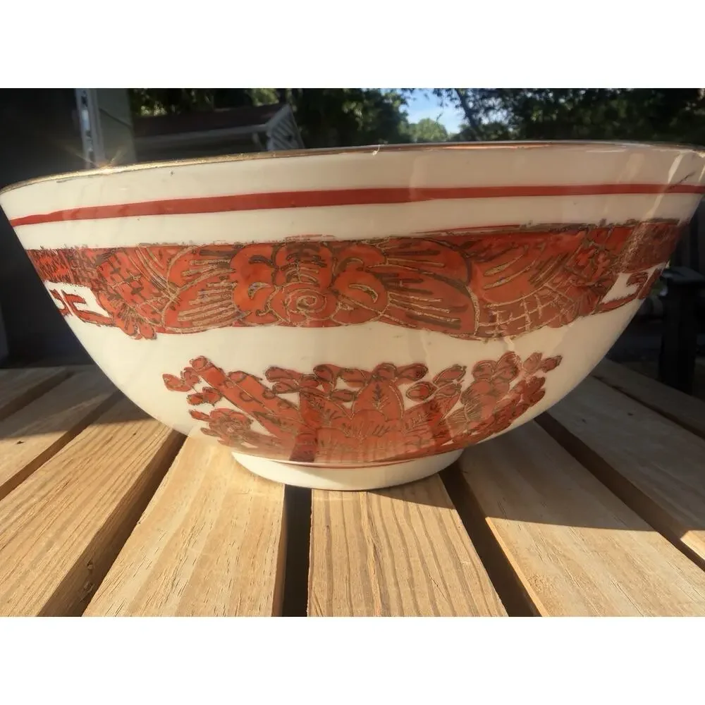 Japanese China MCM Bowl - Porcelain Hand Painted Red/Orange Gold Floral 10”